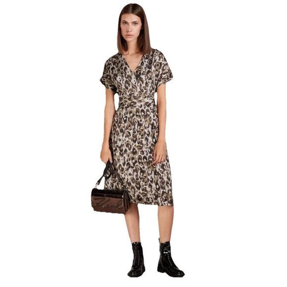 J Crew Autumn Cheetah Leopard Print Crepe Wrap Midi Dress Small - Picture 1 of 14